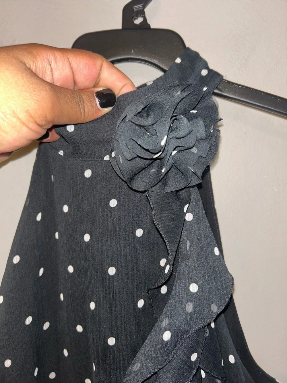 Maeve Dress - black/white polka dot “Maeve Halter Rosette Mini Dress”
